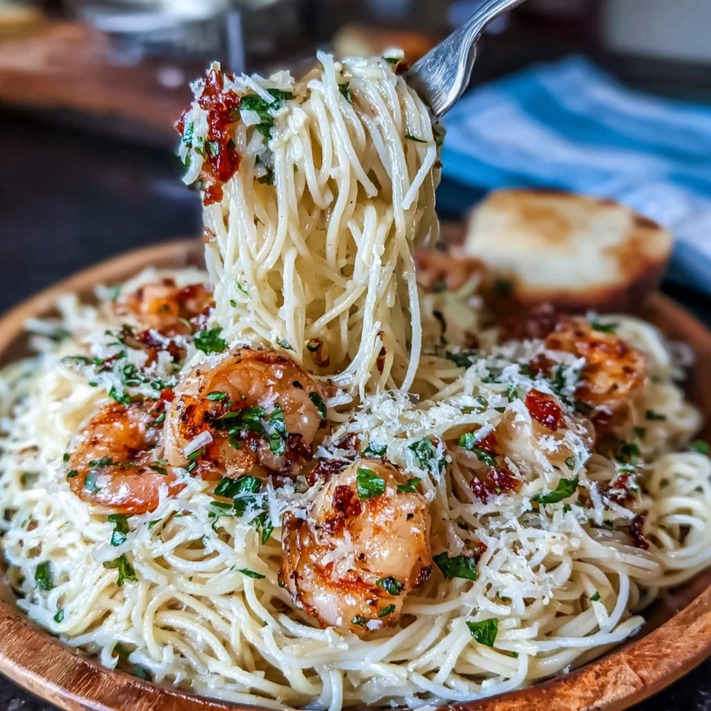 Angel Hair Pasta With Garlic Cream Shrimp